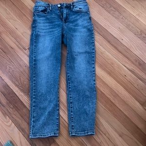 Dark blue jeans, nice fit, worn once or twice, no damage